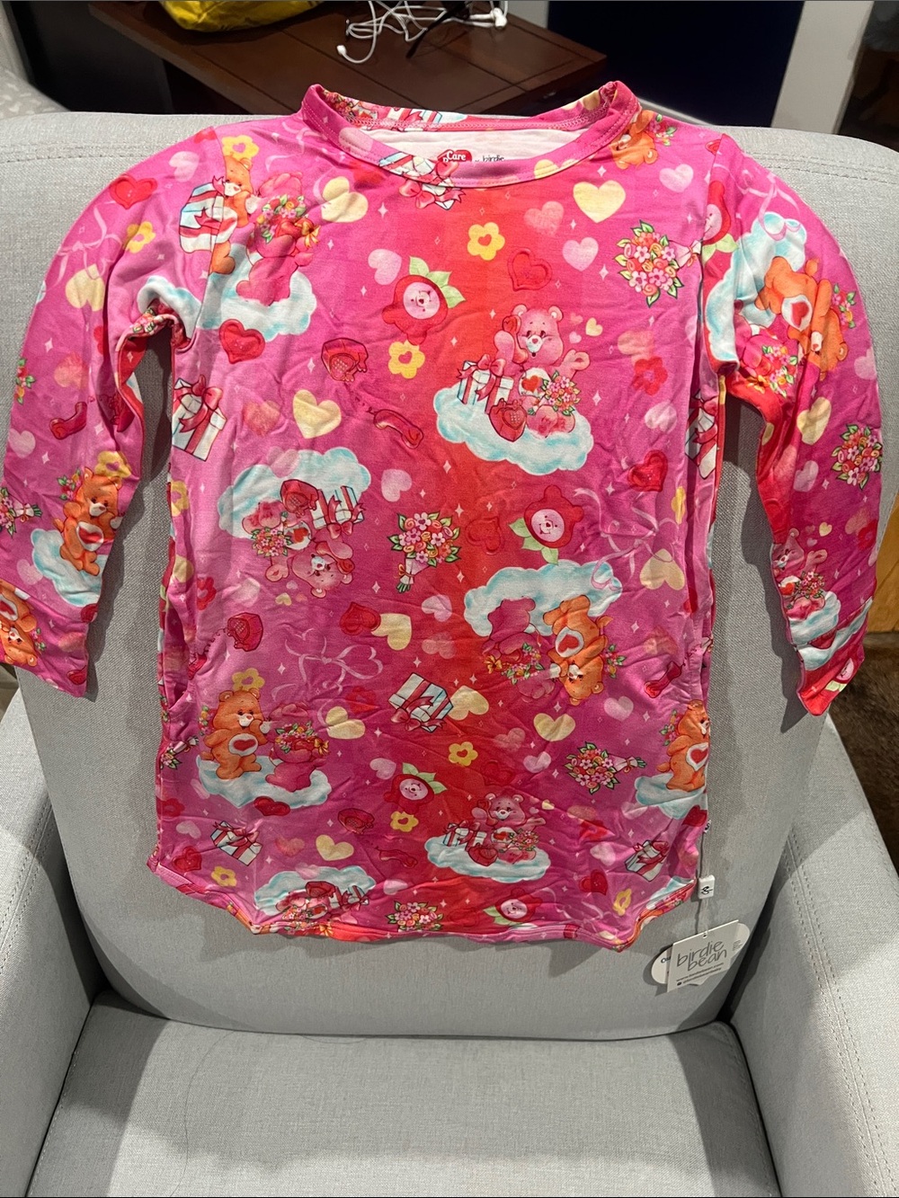 Kids Pink Long-Sleeve Gown with Heart & CareBear Print